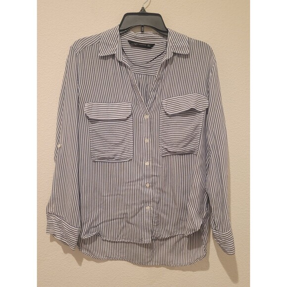 ZARA WOMENS BLUE WHITE STRIPED Long Sleeve Roll Tab SHIRT Size 6 safari - Picture 1 of 6